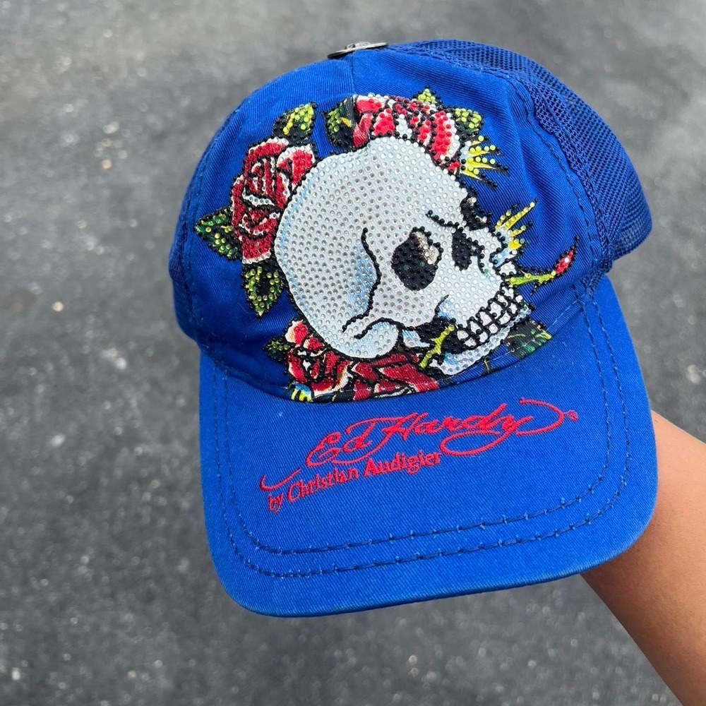 1990s Ed Hardy by Christian Audigier Blue Skull Rhinestones Snapback